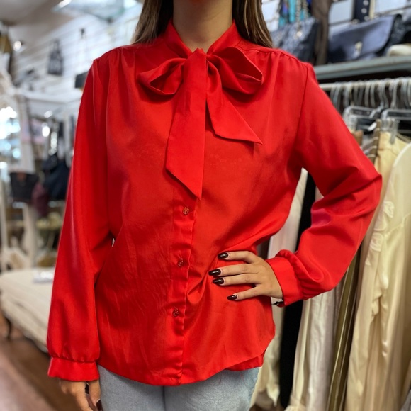 60’s red cherry secretary collar poly blouse ~ - Picture 1 of 6
